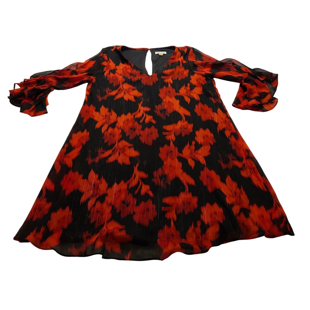 Calvin Klein Red Black Floral Metallic Ruffle Bell Women's Sleeve Shift Dress 14